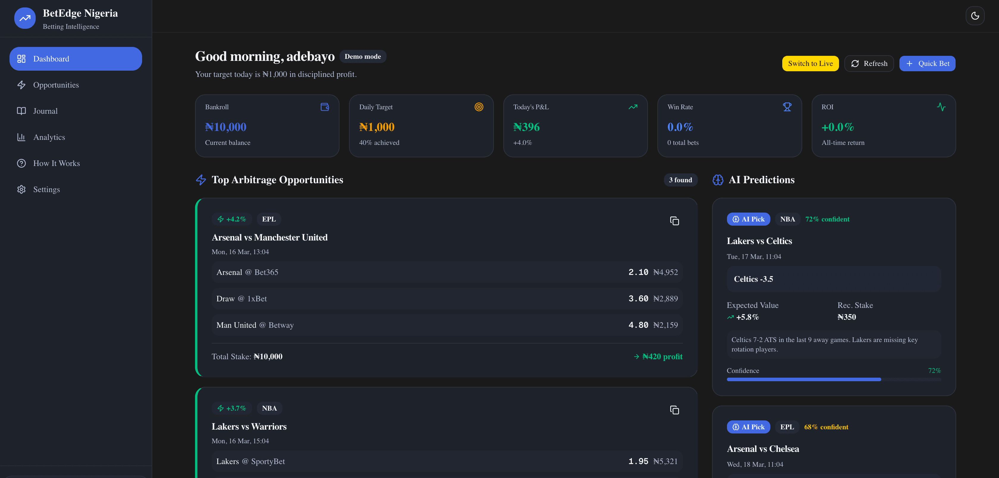 BetEdge dashboard showing arbitrage opportunities and calculated stakes