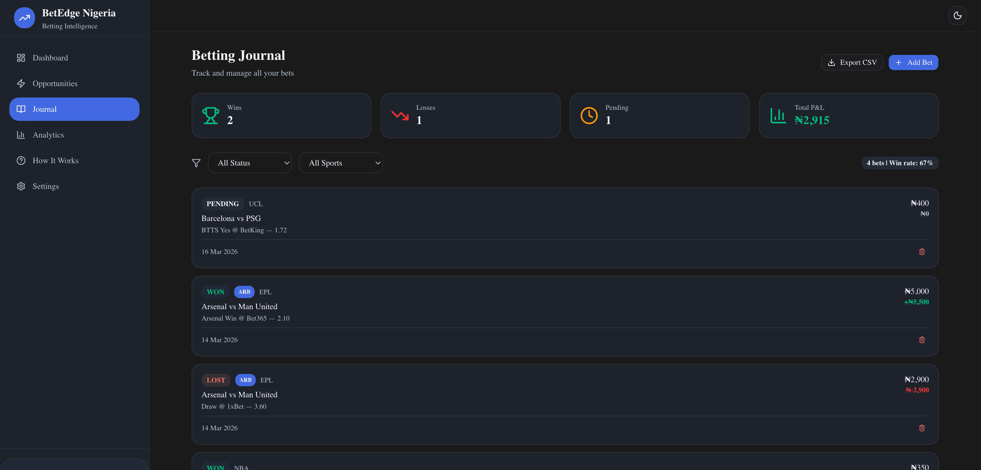 BetEdge journal page with betting history